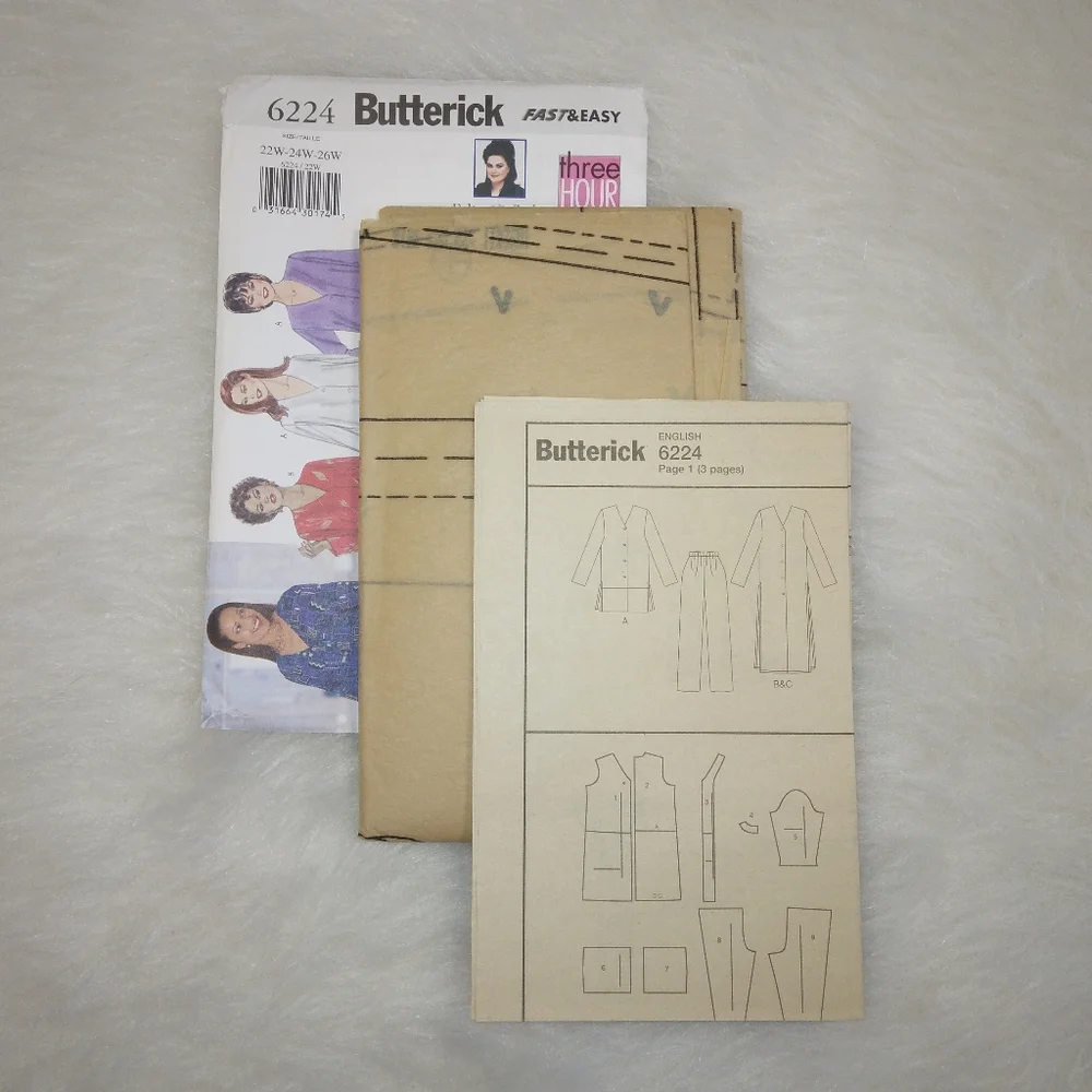 BUTTERICK 6224 Fast & Easy Woman's Tunic, duster, and pants Size 22W-24W-26W